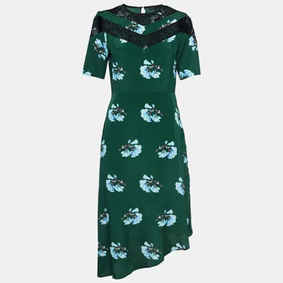 Pre-owned Maje Green Floral Print Lace Trim Satin Asymmetric Midi Dress M