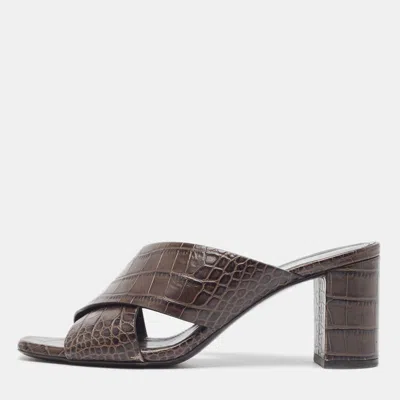 Pre-owned Saint Laurent Brown Croc Embossed Leather Loulou Slide Sandals Size 36