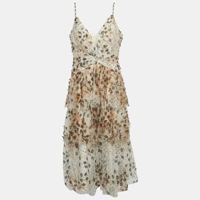 Pre-owned Notte By Marchesa Beige Embellished Printed Tulle Tiered Gown Xl