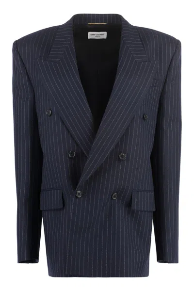 Saint Laurent Double-breasted Wool Blazer In Blue