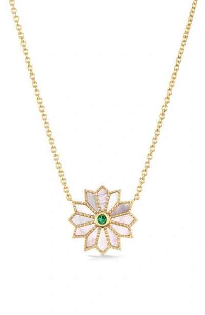 Orly Marcel Yellow Gold And Emerald Mini Sacred Flower Necklace In Green