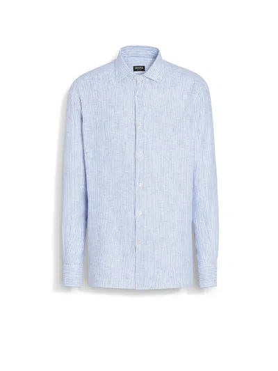 Zegna Men's Oasi Linen Pinstripe-print Sport Shirt In White/light Blue