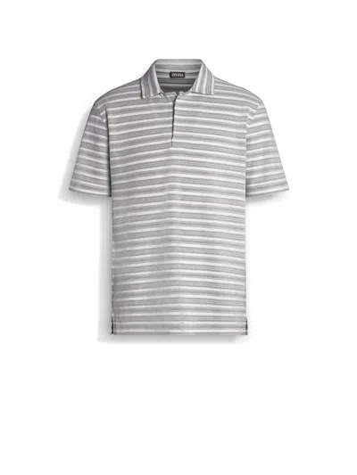 Zegna Striped Cotton Polo Shirt In White/olive Green