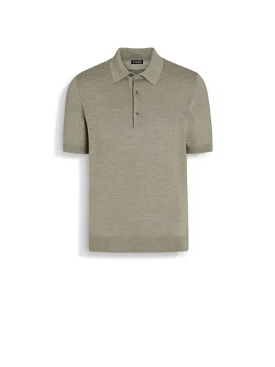 Zegna Olive Green Mélange Silk Cashmere And Linen Polo Shirt