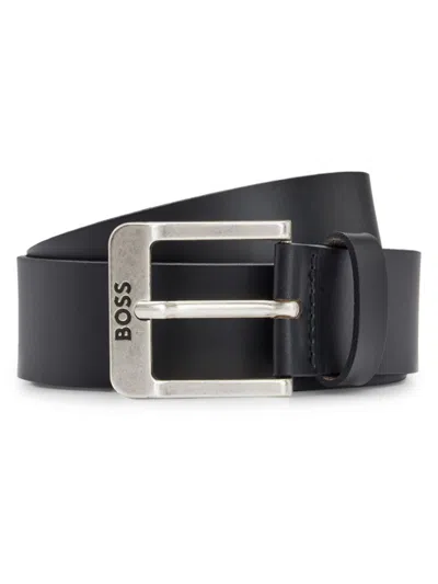 Hugo Boss Buffalo-leather Belt With Logo Buckle In Silver Hardware In Black