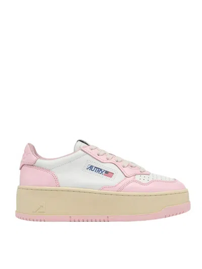Autry Platform Low Trainers In White Leather And Bride Blushing In Pink & Purple