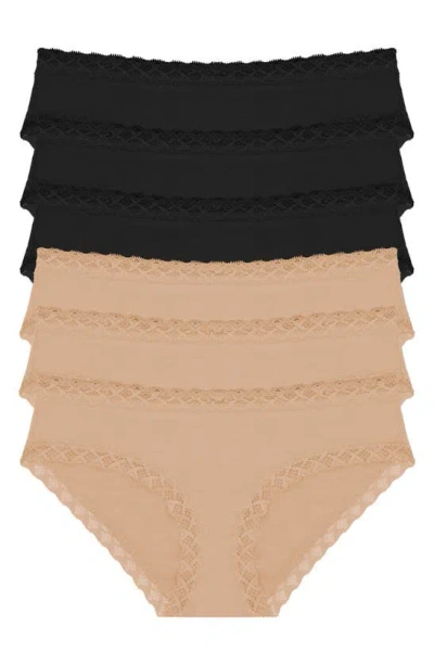 Natori Bliss Lace-trim Briefs, Pack Of 6 In Black/cafe