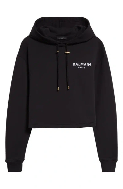 Balmain Cropped Scribble Logo Hoodie In White/black