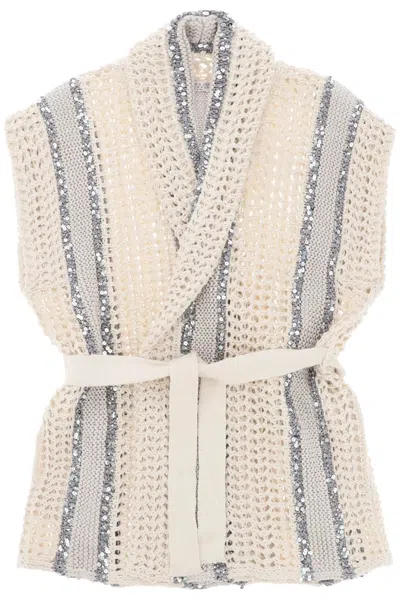 Brunello Cucinelli Cardigan Dazzling Stripe Con Paillettes In Neutro