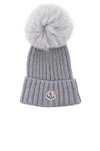 MONCLER MONCLER BERRETTO BEANIE WITH FOX FUR POM IN GRAY,C2093002190003510