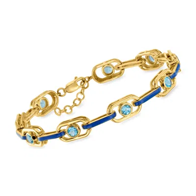 Ross-simons Swiss Blue Topaz And Blue Enamel Link Bracelet In 18kt Gold Over Sterling