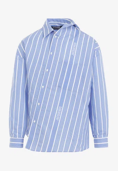 Jacquemus Asymmetric Striped Silk And Wool Shirt In Blue