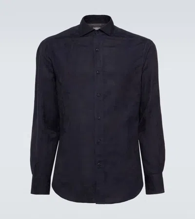 Brunello Cucinelli Cotton And Linen Shirt In Blue
