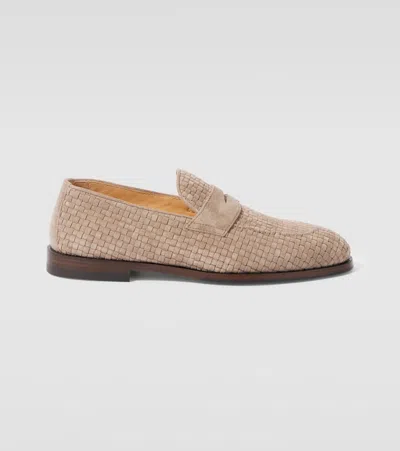 Brunello Cucinelli Woven Suede Penny Loafers In Brown
