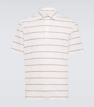 Brunello Cucinelli Striped Linen And Cotton Polo Shirt In White