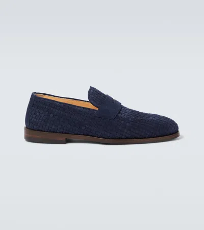 Brunello Cucinelli Woven Suede Penny Loafers In Blue