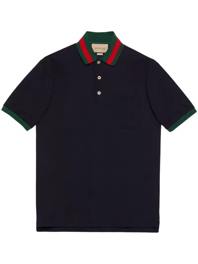 Gucci Cotton Piquet Polo With Web Collar In Blue