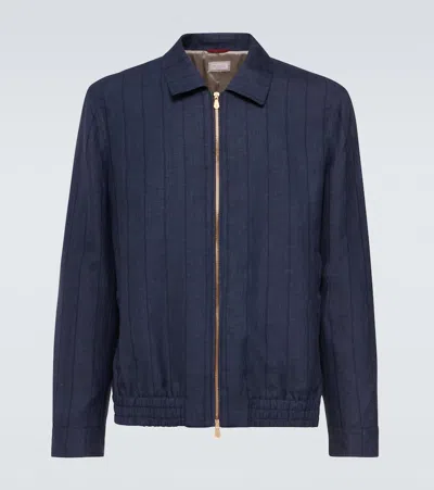 Brunello Cucinelli Striped Wool Blend Blouson Jacket In Blue