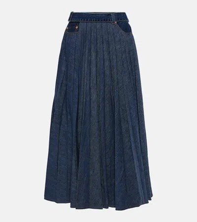 Sacai Belted Denim Pleated Midi Skirt In Blue