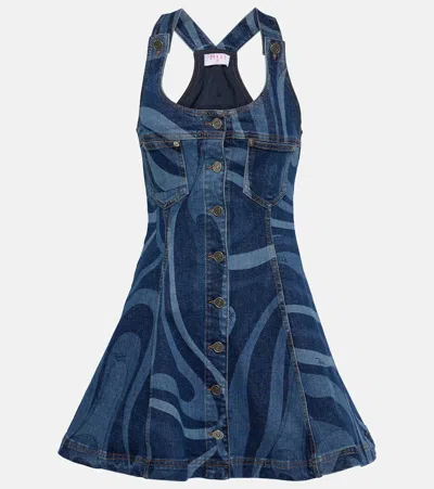Pucci Printed Denim Mini Dress In Blue,multi