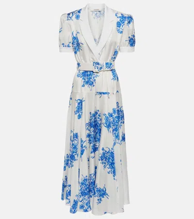 Rodarte White And Blue Floral Printed Silk Twill Collared Dress With Belt Detail Blue In Multicoloured