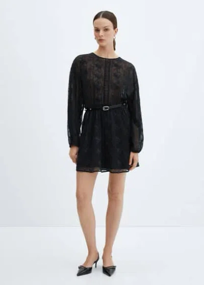 Mango Puff-sleeved Embroidered Dress Black In Noir