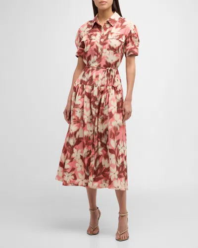 Tanya Taylor Carrington Short-sleeve Waist-tie Tiered Midi Dress In Geranium Pink Mul