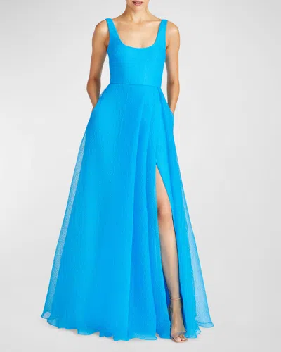 ml Monique Lhuillier Clara Organza Ballgown In Cyan Blue