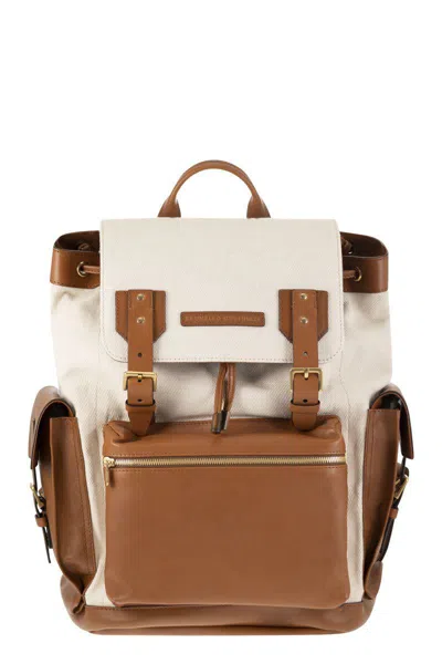 Brunello Cucinelli City Backpack In Leather And Fabric In Milk