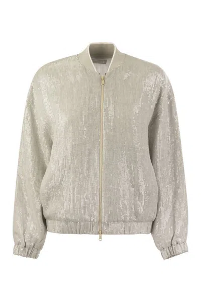 Brunello Cucinelli Dazzling Linen Gauze Bomber Jacket In Grey