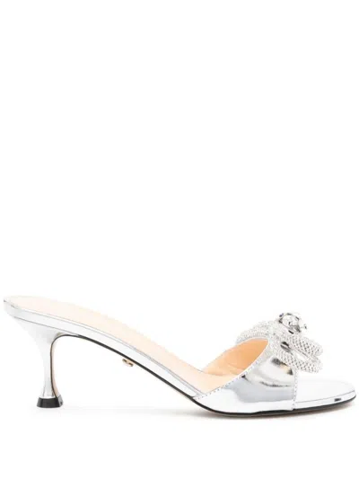 Mach & Mach Double Bow Mirror Kitten Heel Mules 40 In Silver