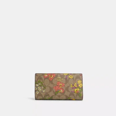 Coach Slim Zip Wallet In Signature Canvas With Floral Print In Beige
