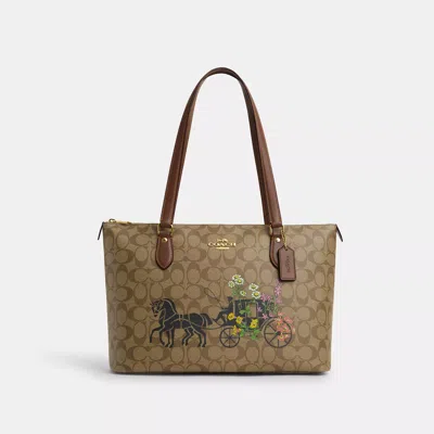 Coach Gallery Tote In Signature Canvas With Floral Horse And Carriage In Burgundy