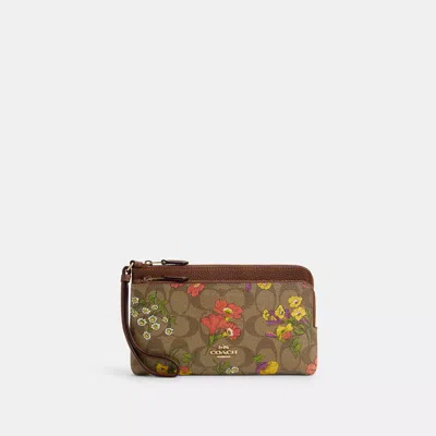 Coach Double Zip Wallet In Signature Canvas With Floral Print In Beige
