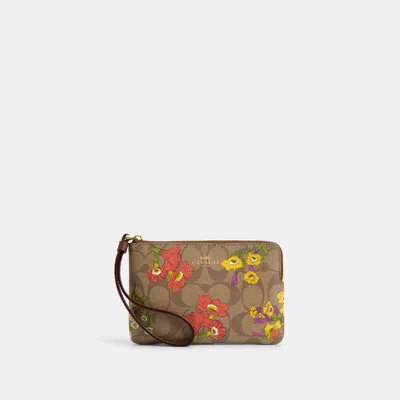 Coach Corner Zip Wristlet In Signature Canvas With Floral Print In Beige