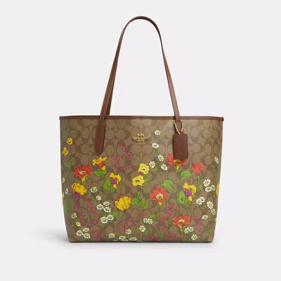 Coach City Tote In Signature Canvas With Floral Print In Beige