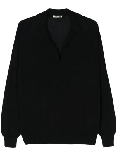 Auralee Cashmere And Silk Blend Polo Shirt In Black