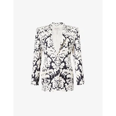 Alexander Mcqueen Womens Black Ivory Floral-print Single-breasted Woven Blazer