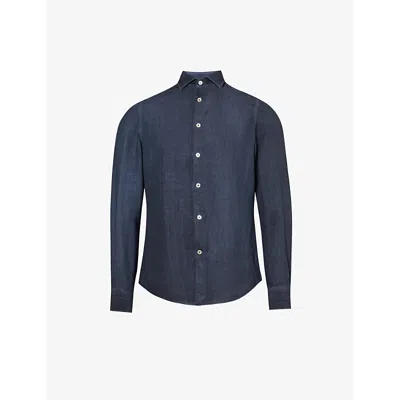 Eleventy Mens Blue Spread-collar Regular-fit Linen Shirt
