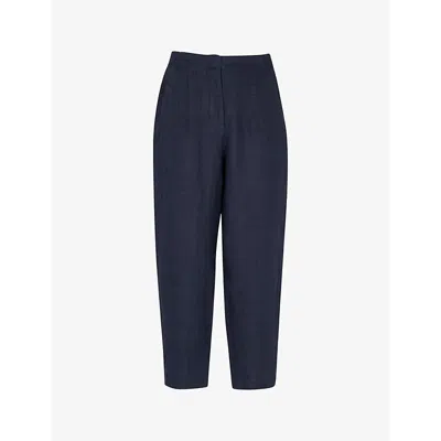 Whistles Womens Navy Patch-pocket Barrel-leg Mid-rise Linen Trousers