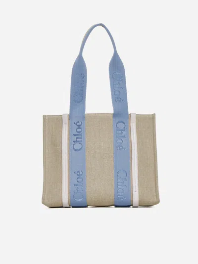 Chloé Woody Linen Medium Tote Bag In Washed Blue