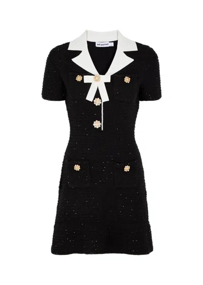 Self-portrait Womens Black Bow-embellished Contrast-trim Woven Mini Dress