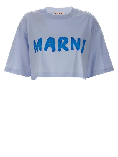 Marni Logo Print Cropped T-shirt In Blue