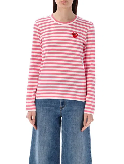 Comme Des Garçons Play Long Sleeves Striped T-shirt In Pink White