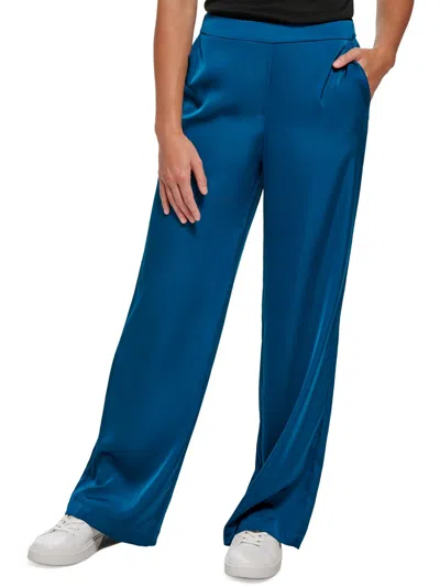 Calvin Klein Womens Satin Pull On Wide Leg Pants In Blue