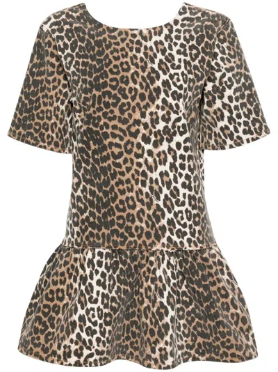 Ganni Brown Leopard-print Peplum-hem Mini Dress