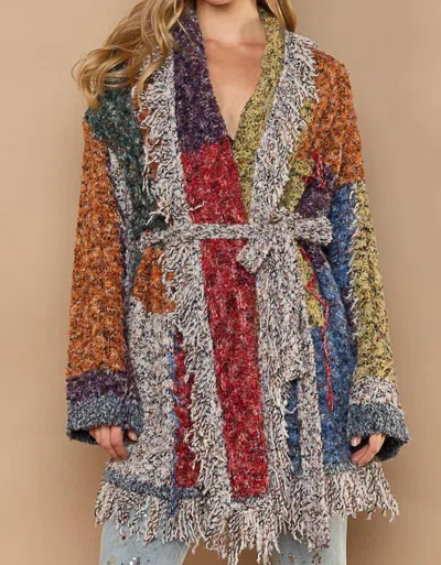 Pol Shaggy Color Block Open Front Fringe Cardigan In Ivory/red Brick In Multi