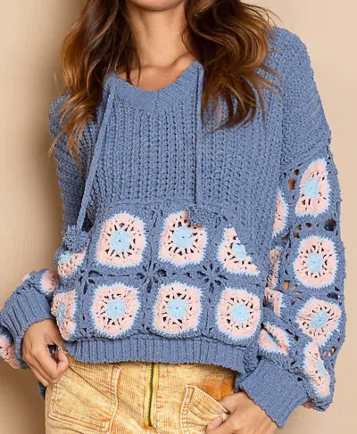 Pol Cornflower Crochet Square Patch Hooded Pullover Sweater In Blue