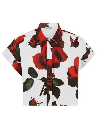 Alexander Mcqueen Floral Crop Cotton Button-up Shirt In Opticalwhite