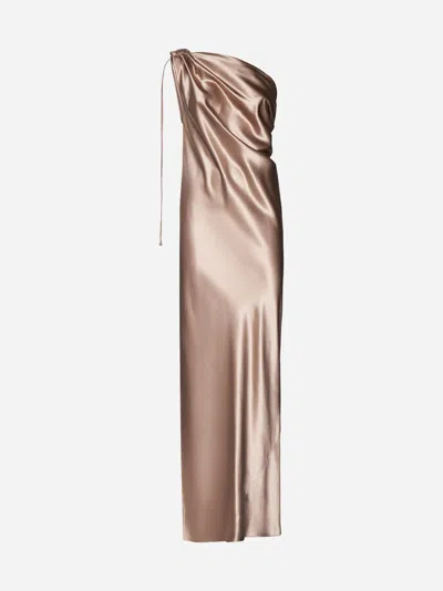 Max Mara Opera Silk One-shoulder Long Dress In Neutrals/metallic